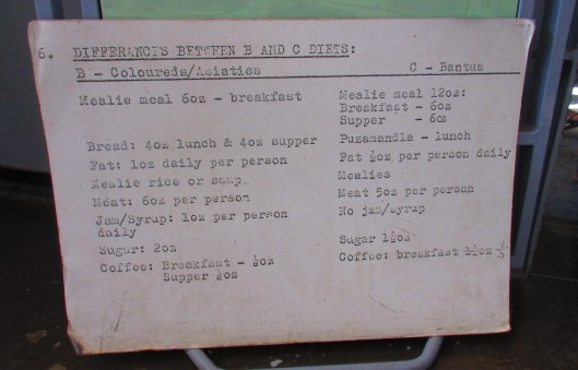 Menu at Robben Island prison for different races